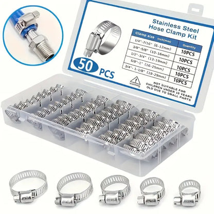 50-delni set nerjavečih cevnih objemk (6–29 mm) – črvni vijak (worm gear), škatla z razdelki