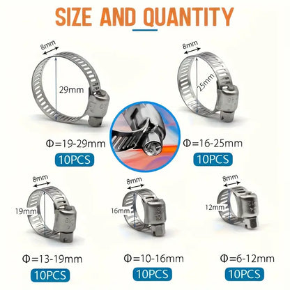 50-delni set nerjavečih cevnih objemk (6–29 mm) – črvni vijak (worm gear), škatla z razdelki